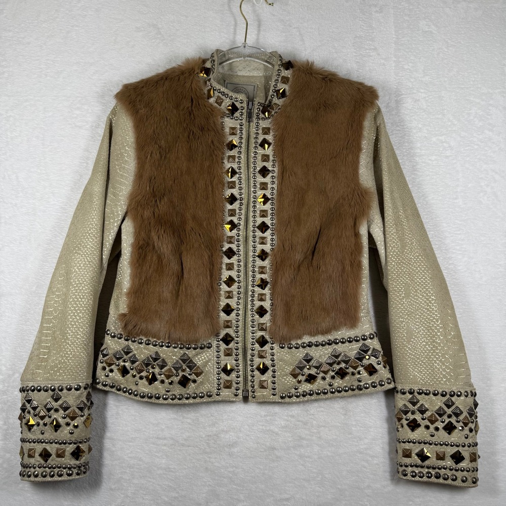 Double D Ranch Womens XS Leather Fur Studded Western Jacket Champagne Gold 9218